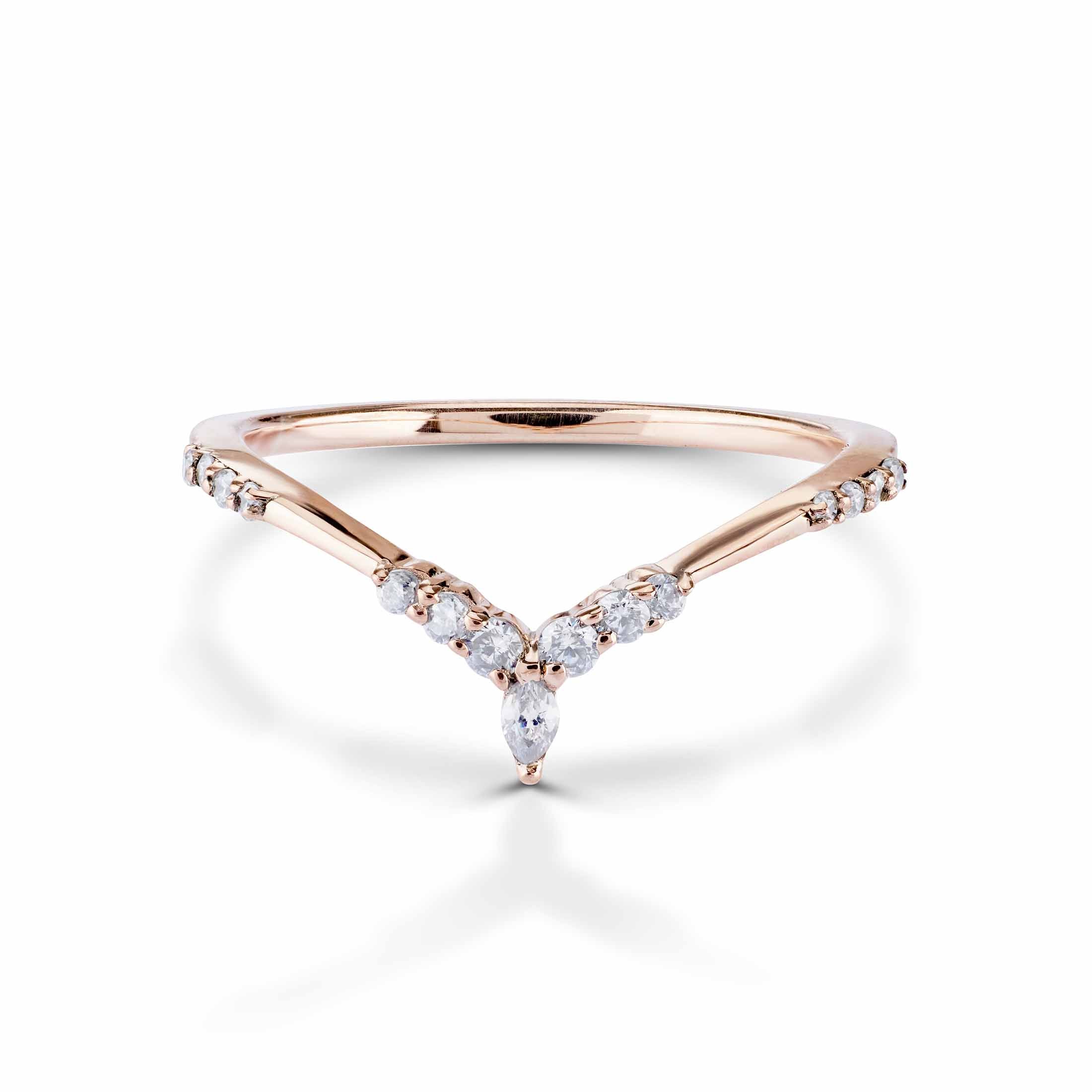 Polished rose gold curved wedding band with a brilliant diamond cluster at the peak.