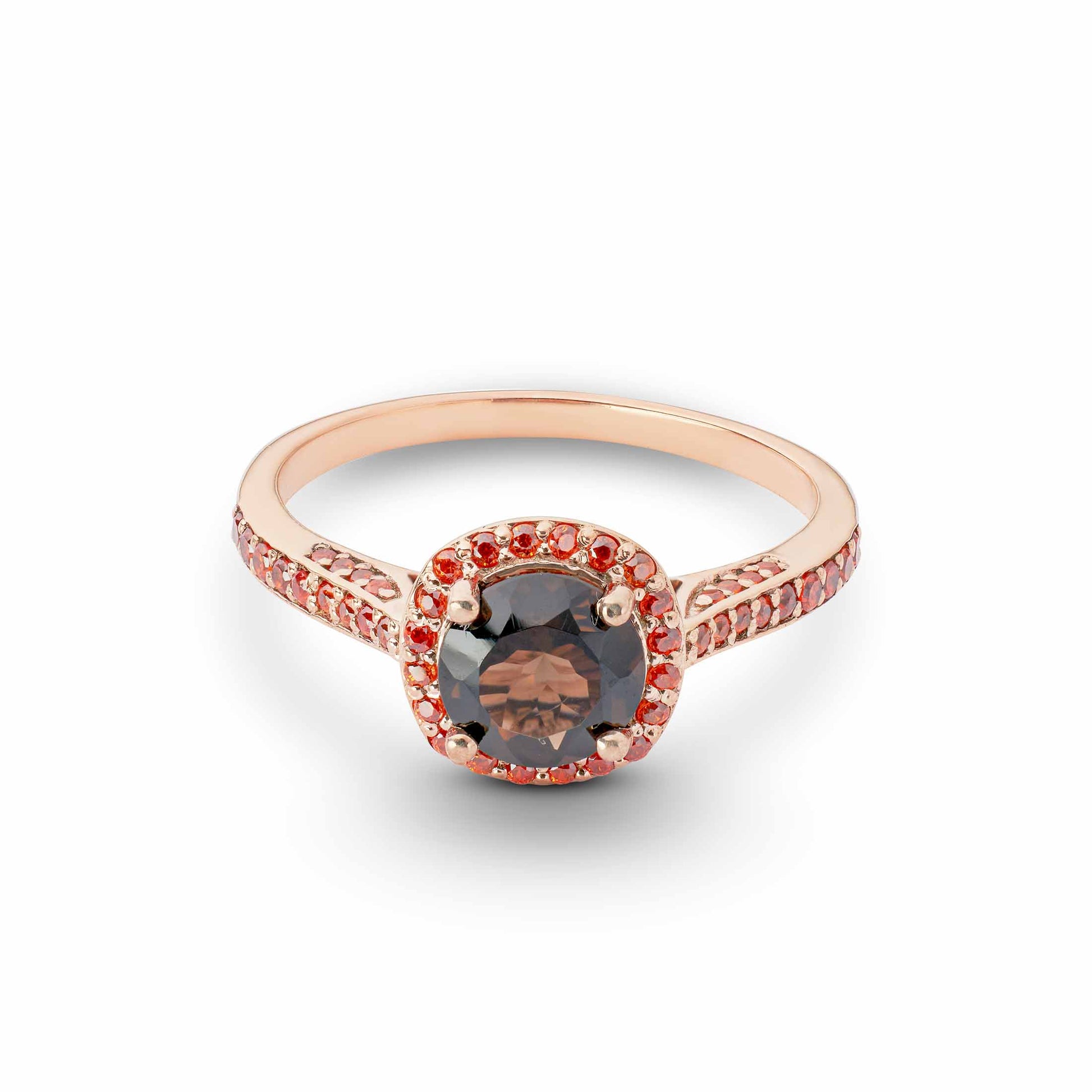 Round-cut smoky quartz ring in rose gold, surrounded by a halo and side-set of bright orange gems.