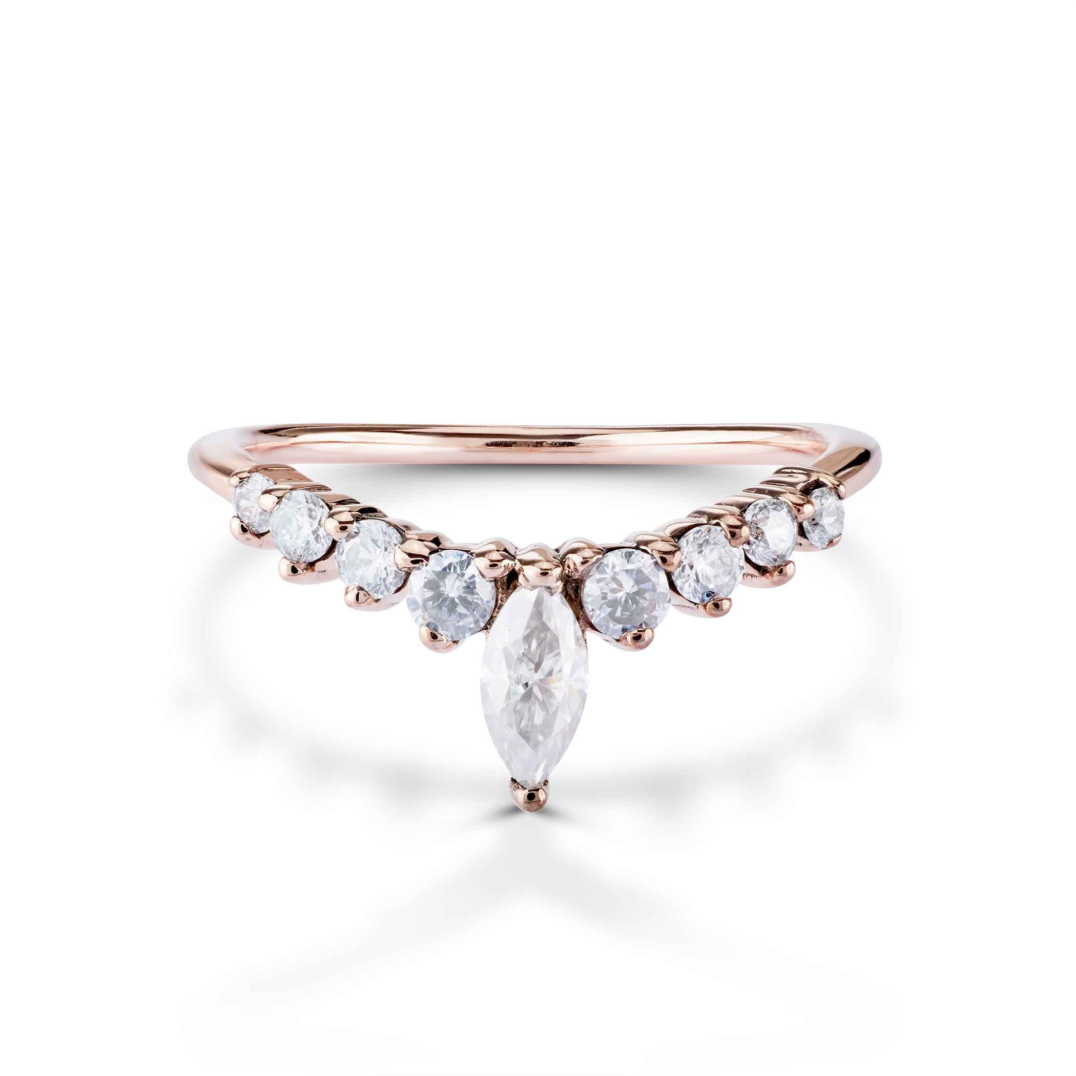 Classic chevron-style rose gold  ring highlighting a brilliant marquise-cut center stone.