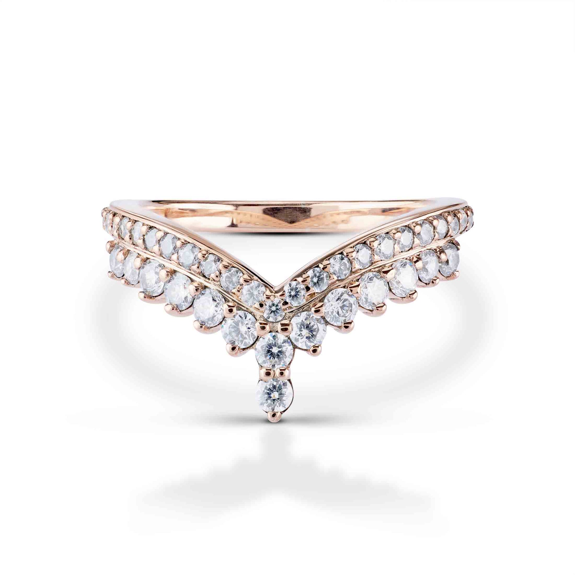 Symmetrical rose gold nesting band with graduated round diamonds and a vertical point detail.