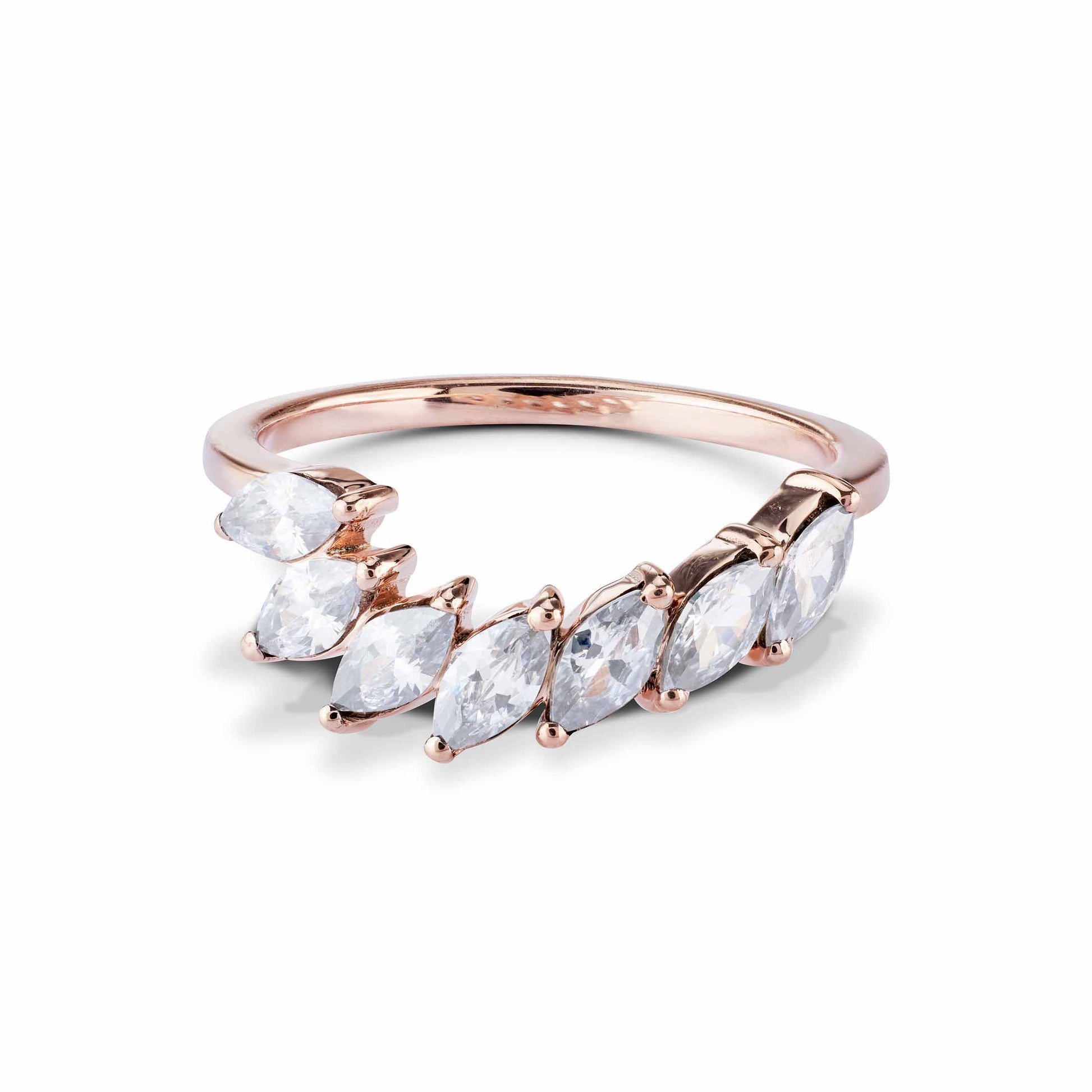 Rose gold curved band ring adorned with a row of pointed marquise-cut clear.