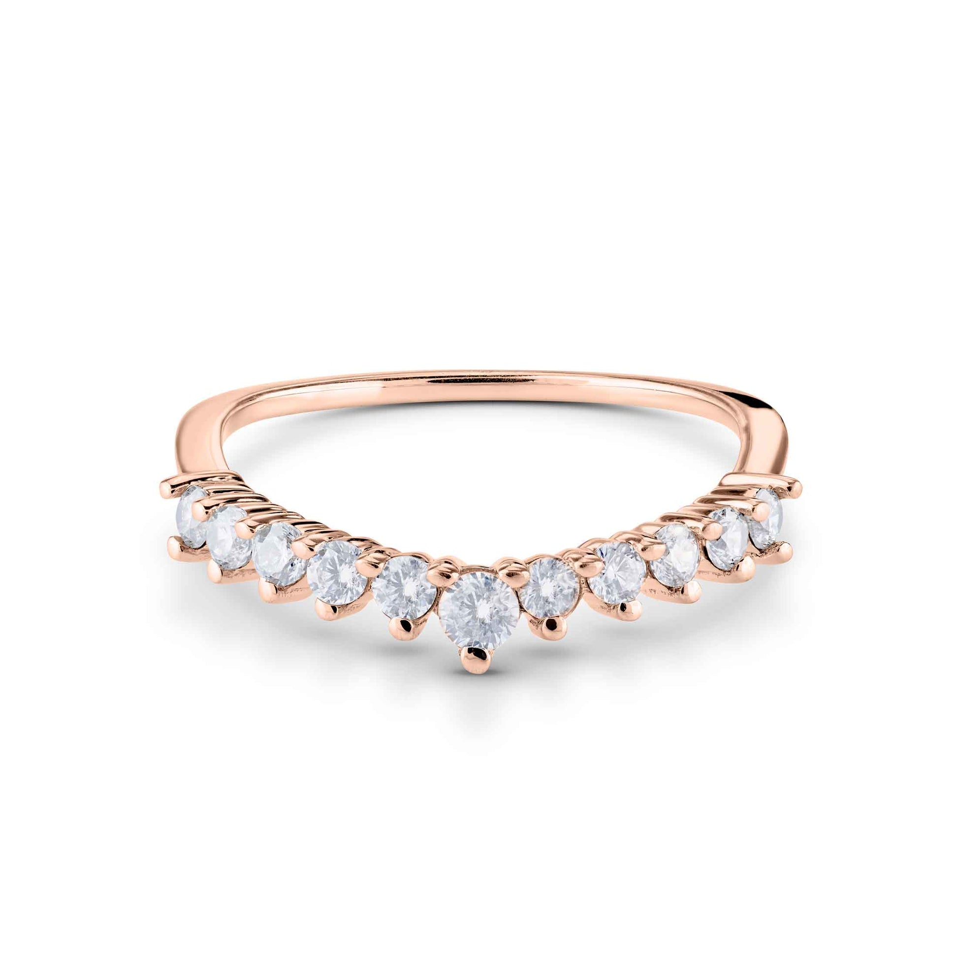 Minimalist rose gold ring with a slight chevron dip and a sparkling pavé diamond arrangement.