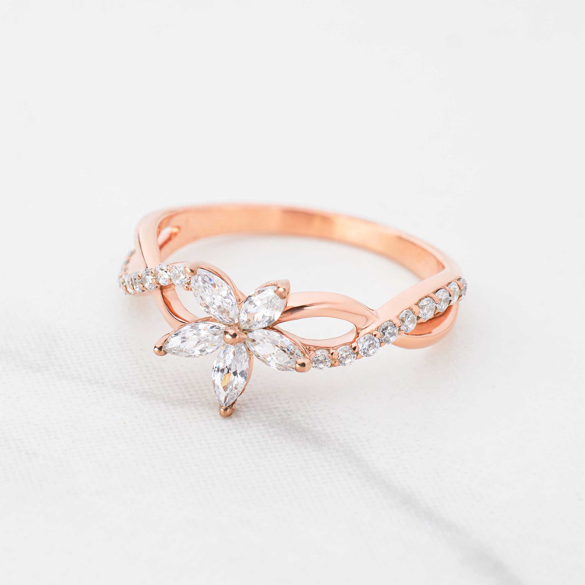 Marquise Cut Moissanite Diamond Flower Ring Infinity Floral Engagement Rings Rose Gold Art Nouveau