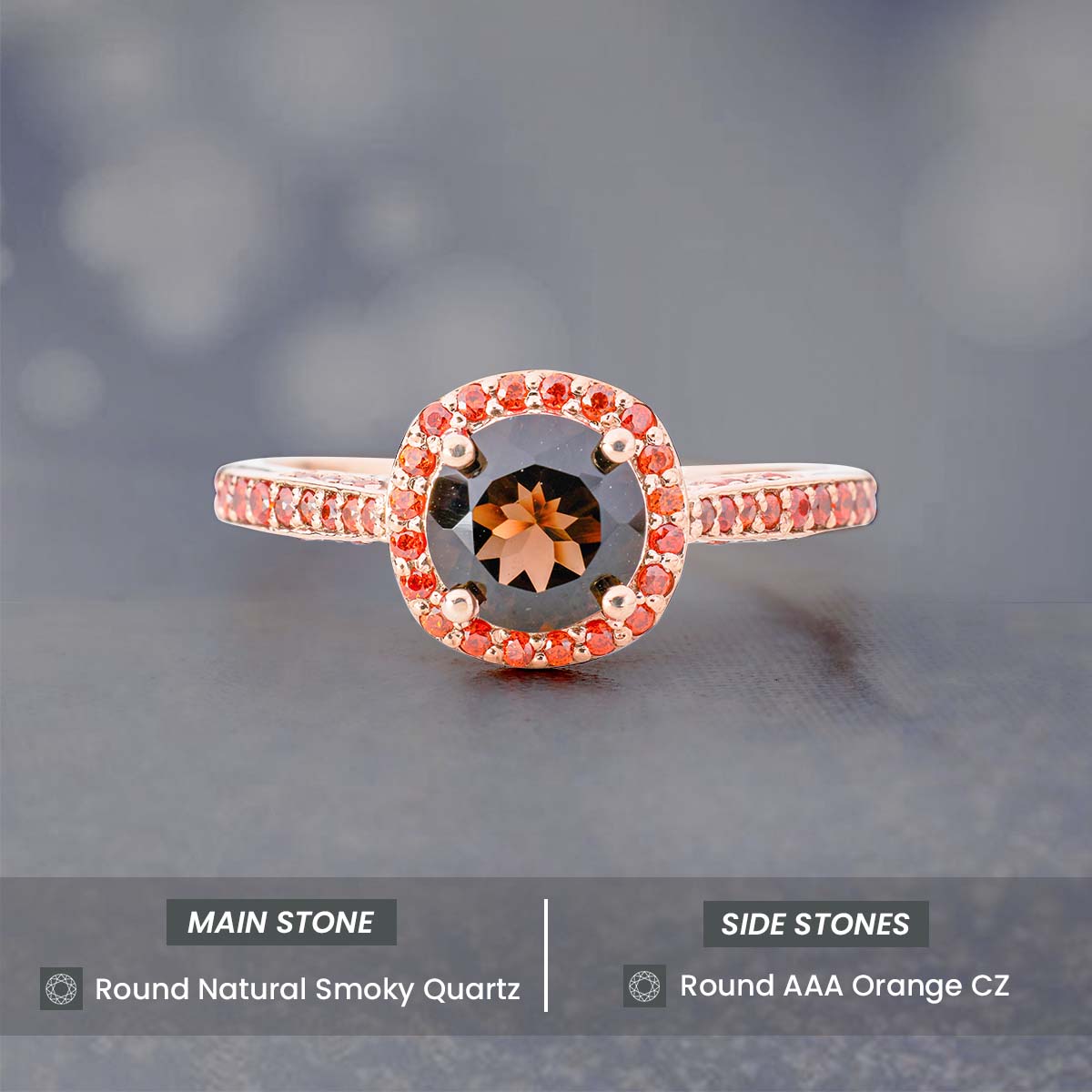 Natural Smoky Quartz Ring Halo Multi Gemstone Cathedral Engagement Rings Cocktail Statement Rose Gold