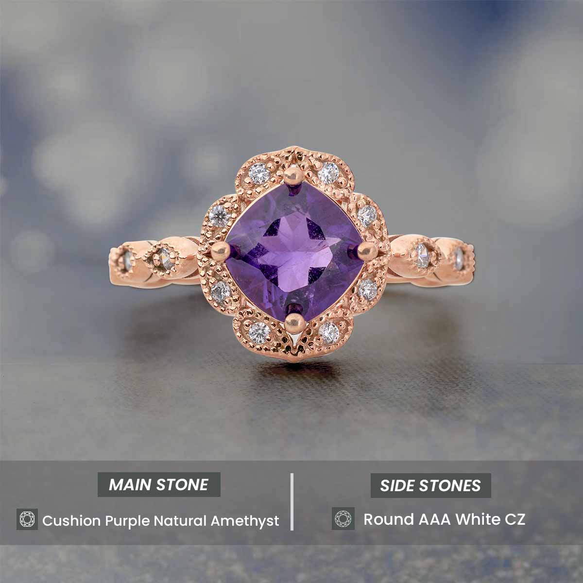 1920's Inspired Vintage Engagement Rings Milgrain Art Deco Amethyst Ring Sterling Silver Rose Gold