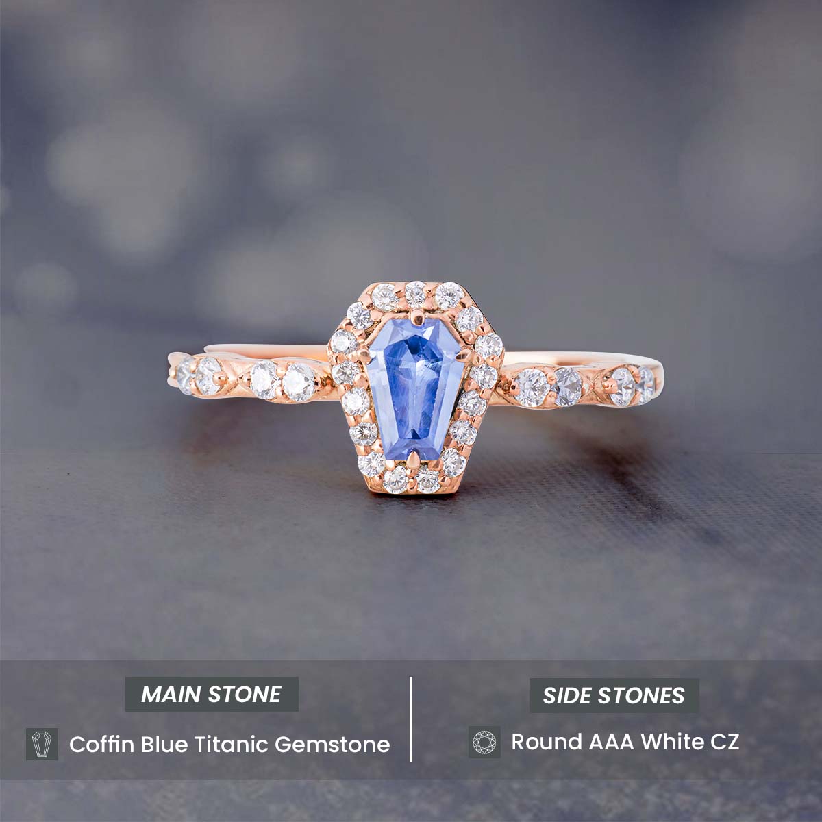 Blue Gemstone Coffin Ring Till Death Do Us Part Halo Engagement Ring Rose Gold