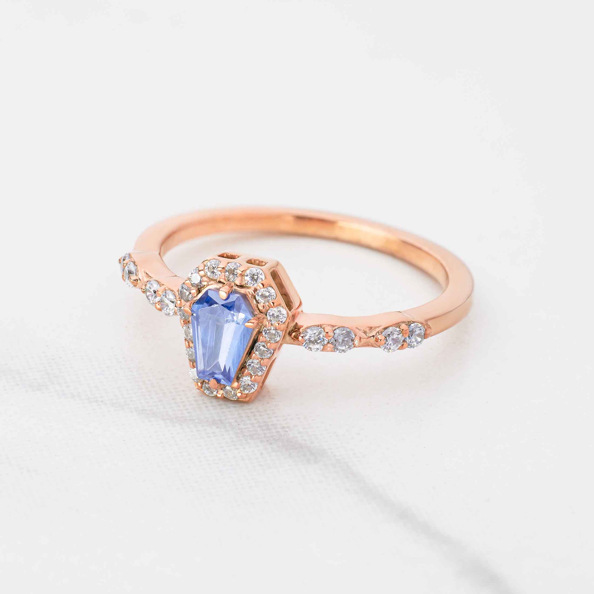 Blue Gemstone Coffin Ring Till Death Do Us Part Halo Engagement Ring Rose Gold
