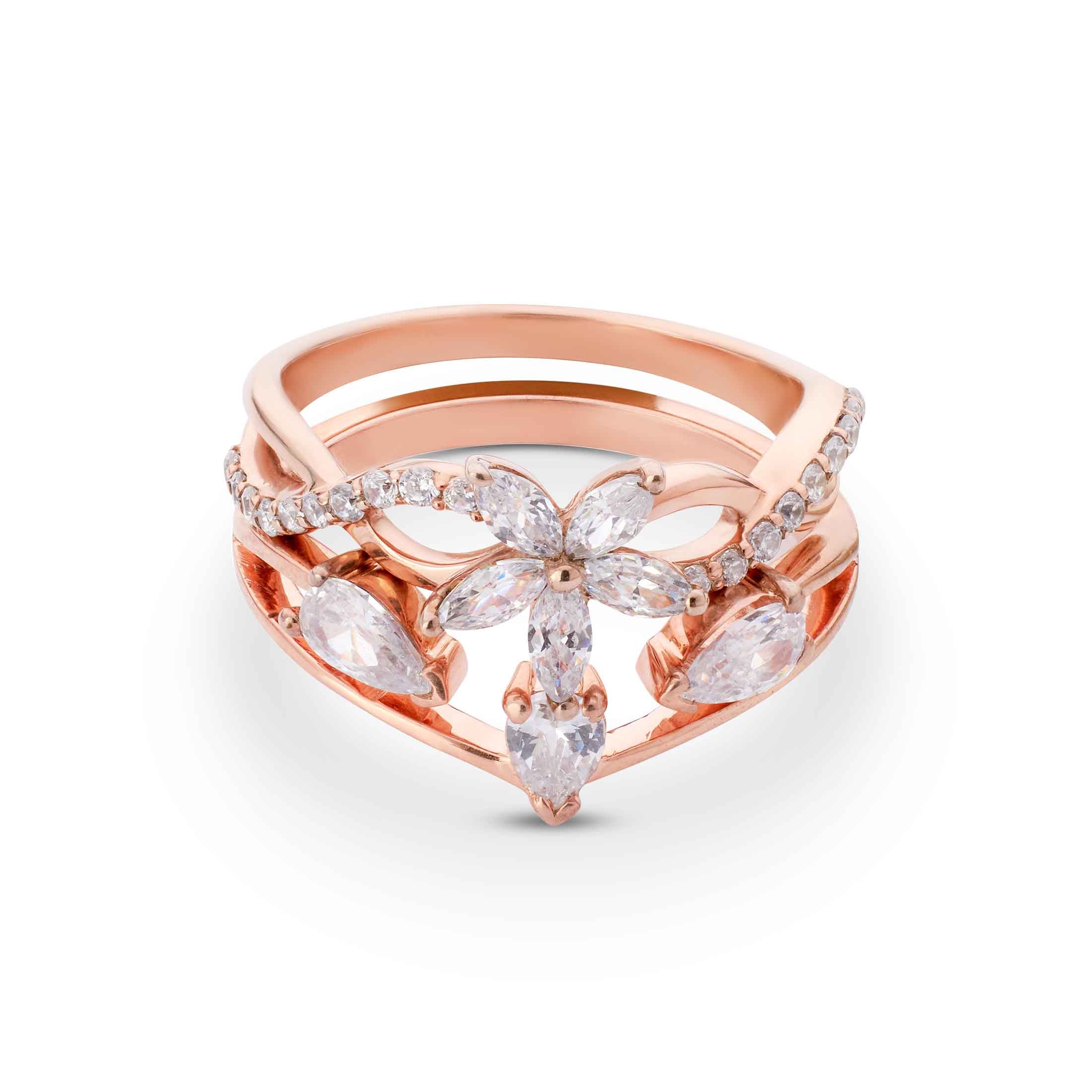 Floral ring with marquise and pear-cut diamonds on a multi-row curved band.