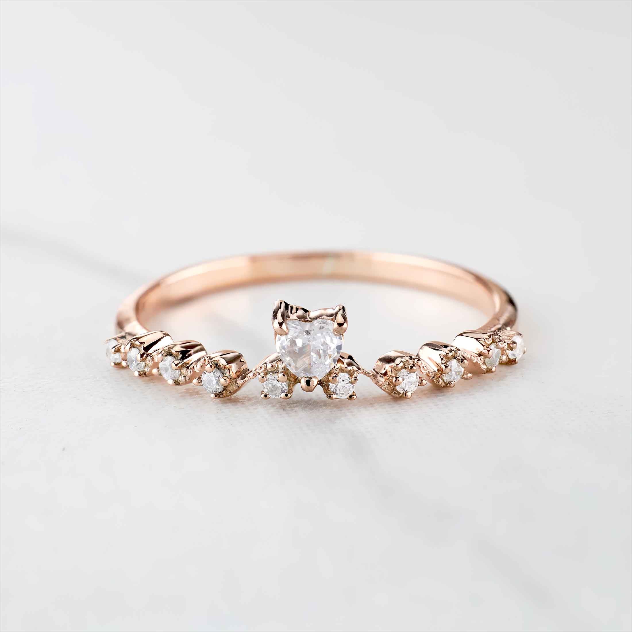 Heart Wedding Band Women AAA CZ Promise Ring Milgrain Art Deco Sterling Silver