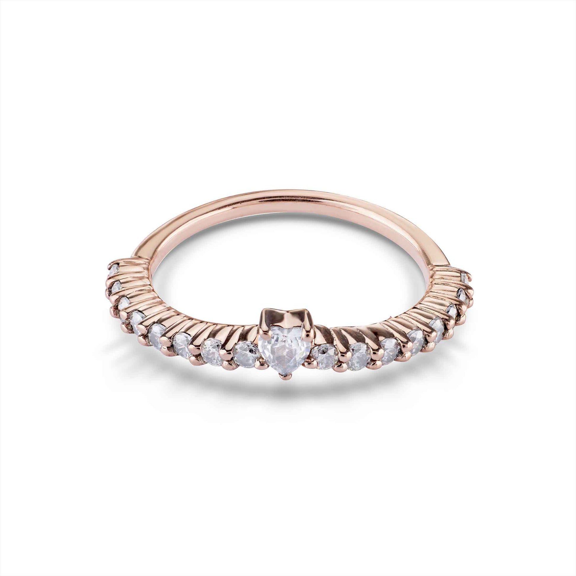 Dainty heart solitaire ring in white gold or silver with a half-eternity diamond-encrusted band.