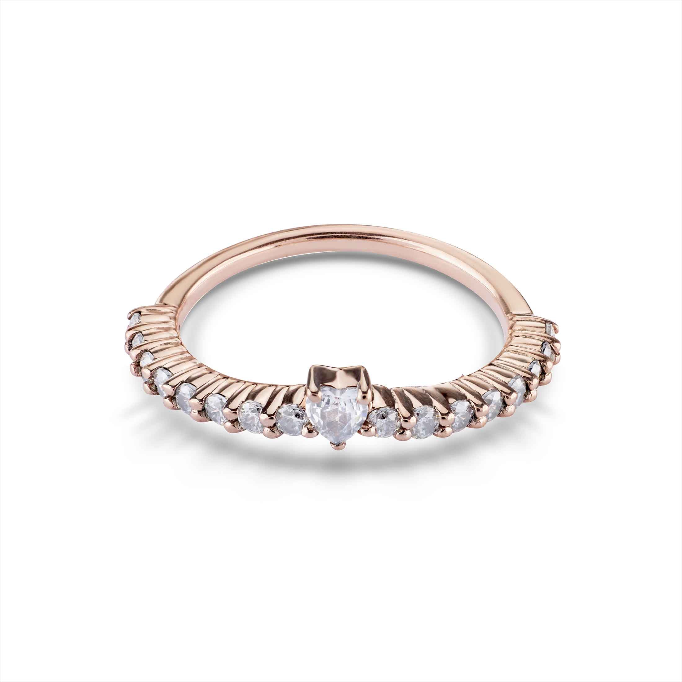 Dainty heart solitaire ring in white gold or silver with a half-eternity diamond-encrusted band.