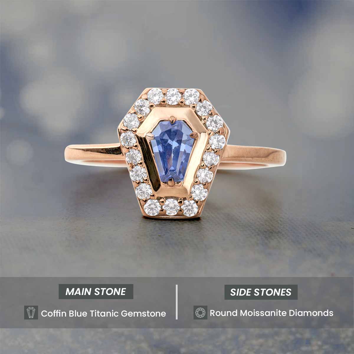 Coffin Shape Wedding Engagement Ring Blue Titanic Gemstone Coffin Rings Gothic Sterling Silver Rose White Gold