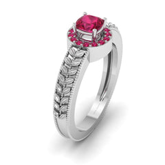 Leaf Vine Wedding Ring Cushion Cut Ruby Halo Engagement Ring