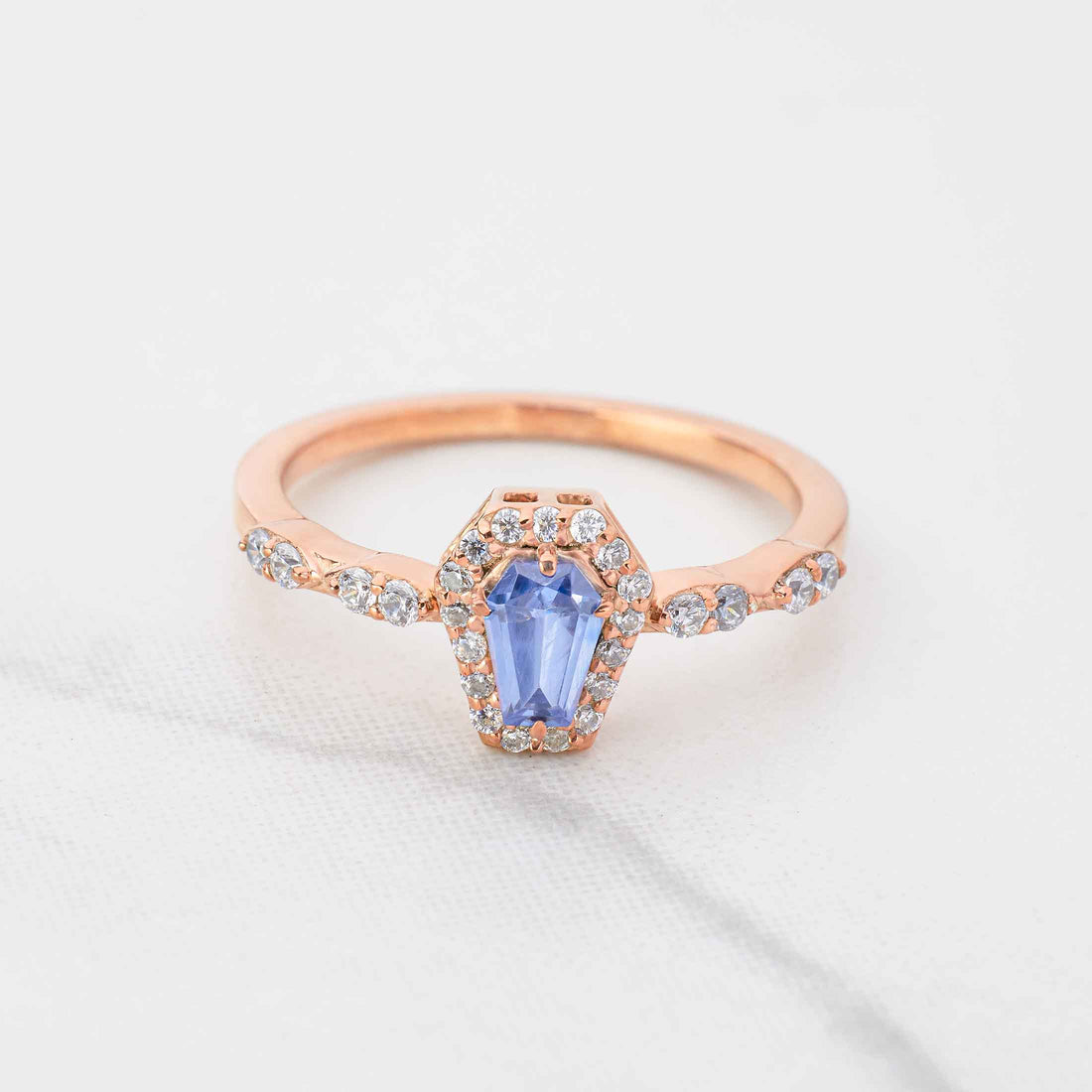 Blue Gemstone Coffin Ring Till Death Do Us Part Halo Engagement Ring Rose Gold