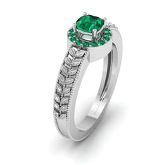 Emerald Halo Engagement Ring Womens Leaf Vine Ring Sterling Silver