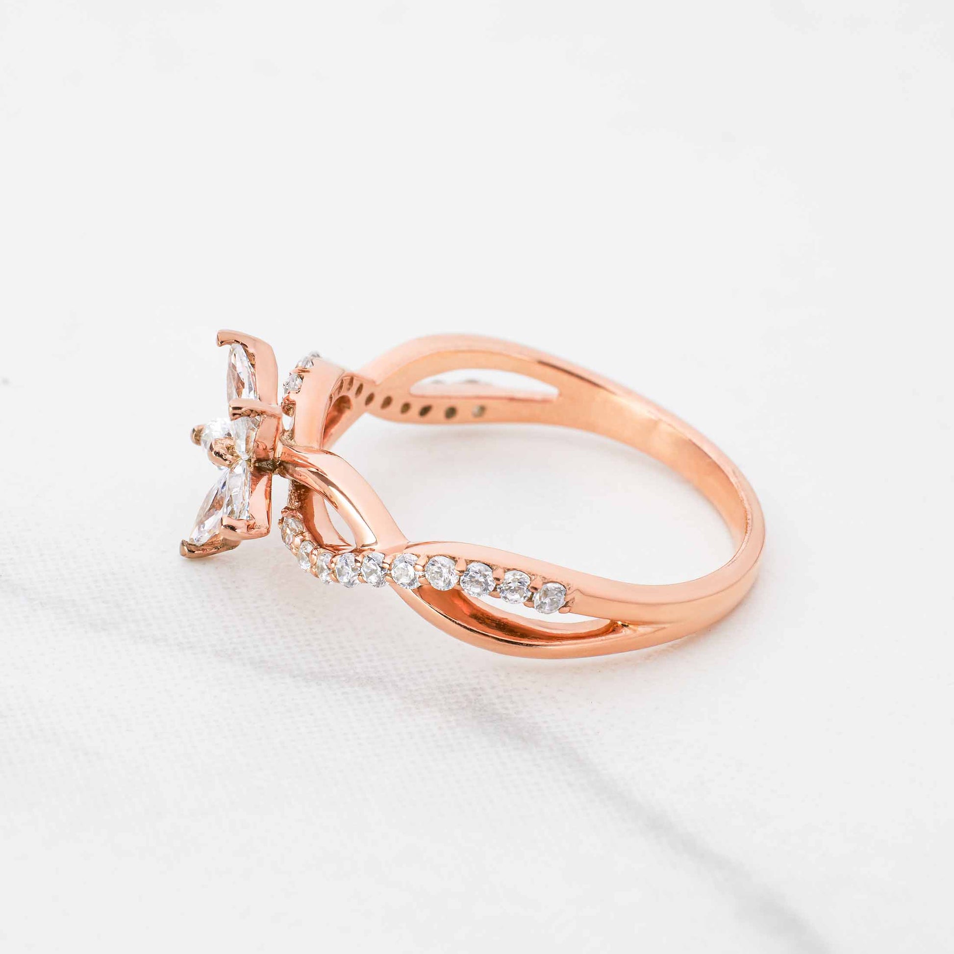 Blossom Flower Engagement Ring Set 3 Stone Wedding Band Bridal Sets Rose Gold