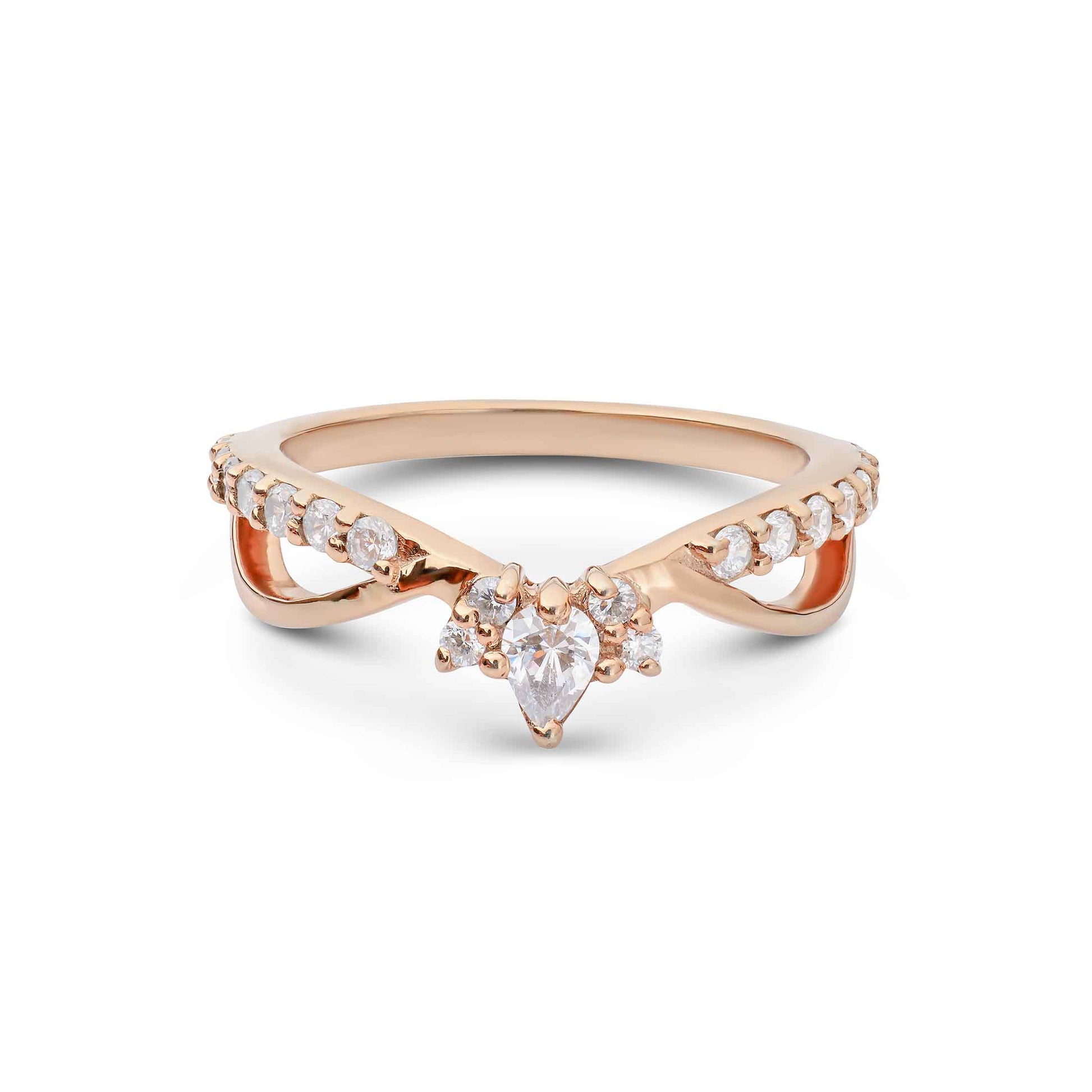 Rose gold ring with a central diamond and smaller diamonds on a white background