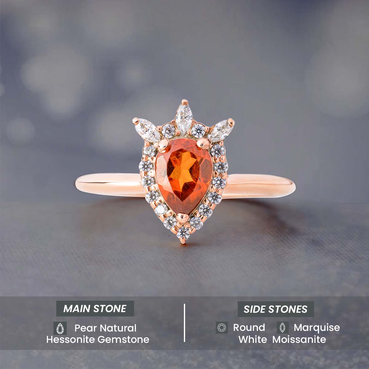 Pear Cut Natural Hessonite Garnet Gomed Ring Teardrop Gemstone Engagement Rings Rose Gold