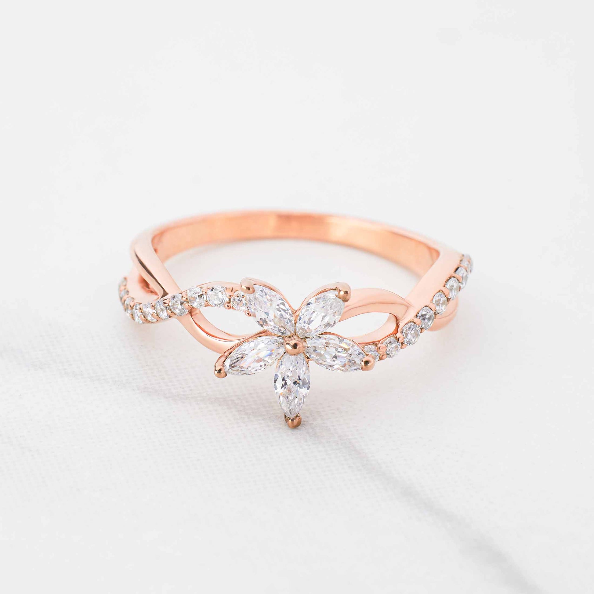 Blossom Flower Engagement Ring Set 3 Stone Wedding Band Bridal Sets Rose Gold