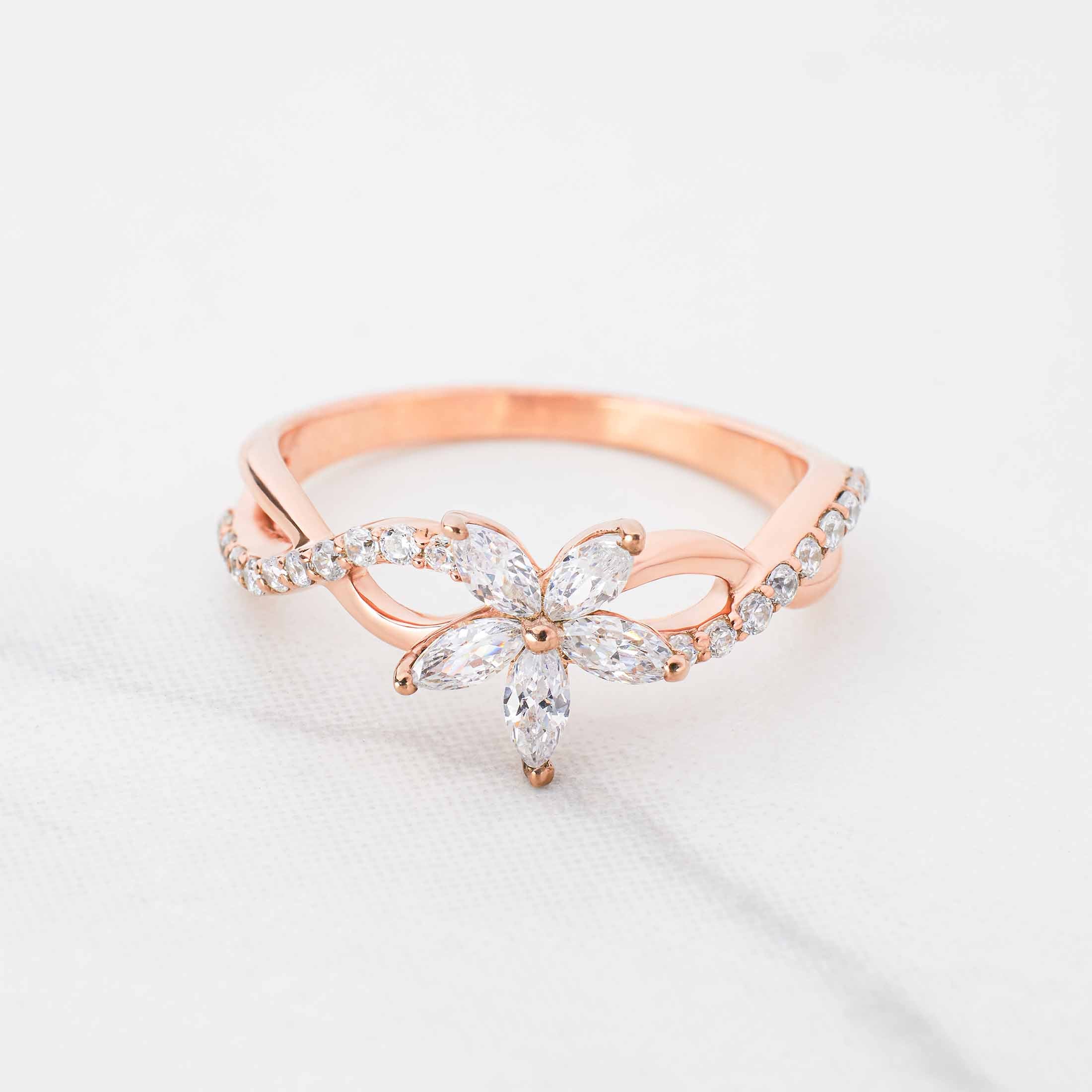 Blossom Flower Engagement Ring Set 3 Stone Wedding Band Bridal Sets Rose Gold