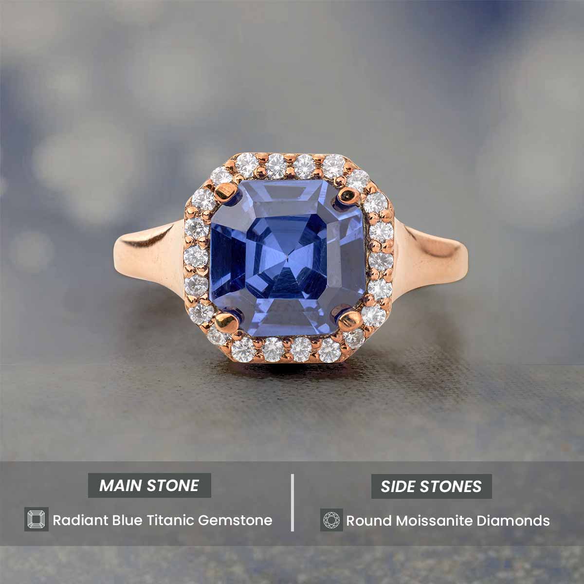 Blue Gemstone Statement Ring Halo Moissanite Engagement Ring