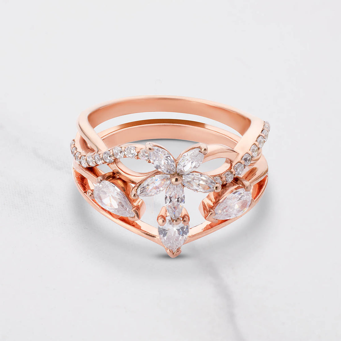 Blossom Flower Engagement Ring Set 3 Stone Wedding Band Bridal Sets Rose Gold