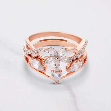 Blossom Flower Engagement Ring Set 3 Stone Wedding Band Bridal Sets Rose Gold