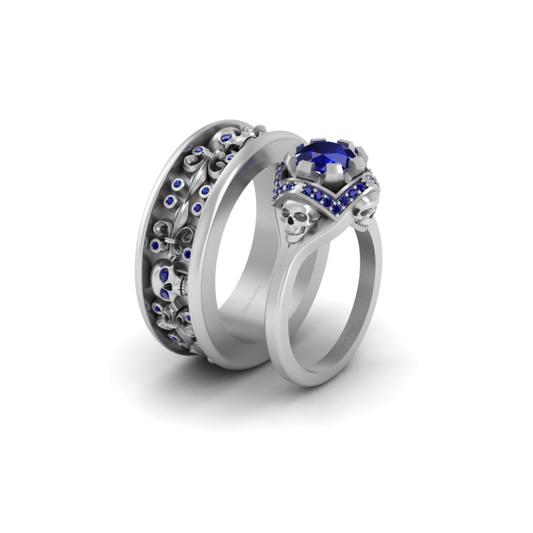 1.95TCW Sapphire Skull Wedding Rings