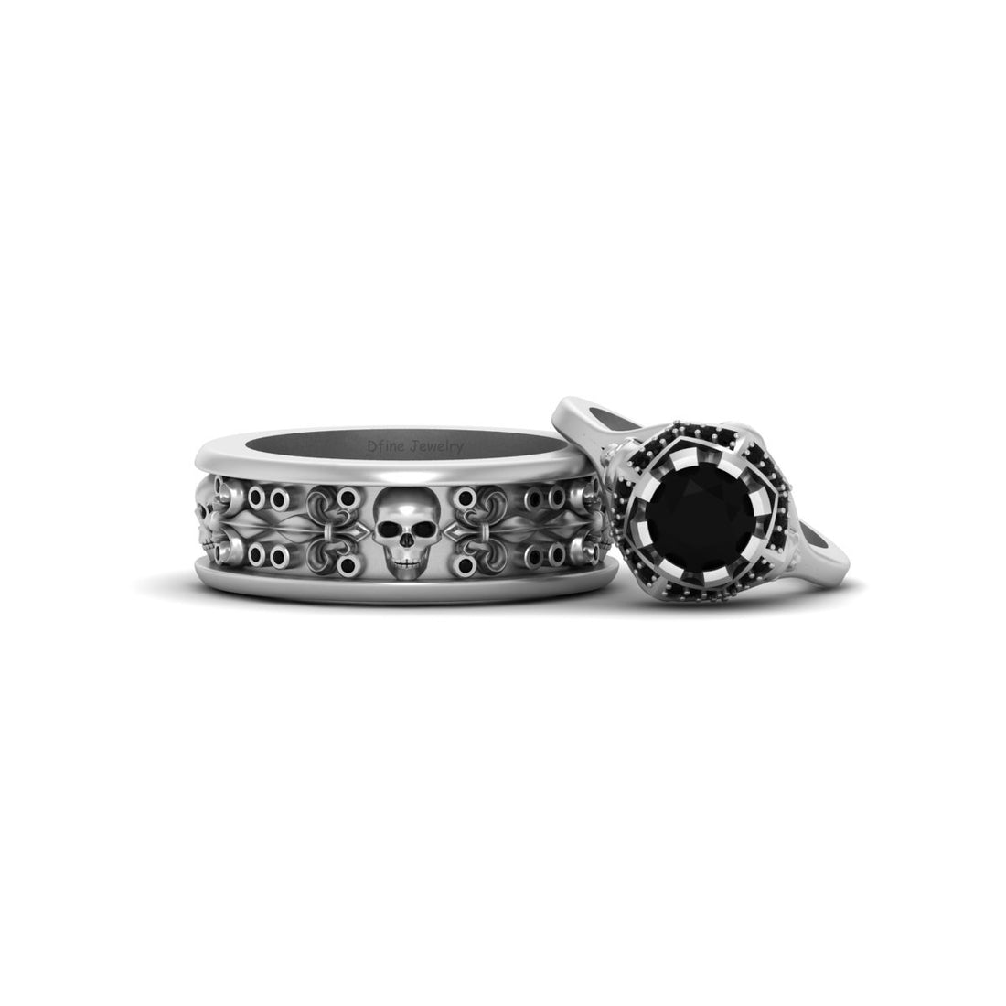 Flower Skull Engagement Ring Set