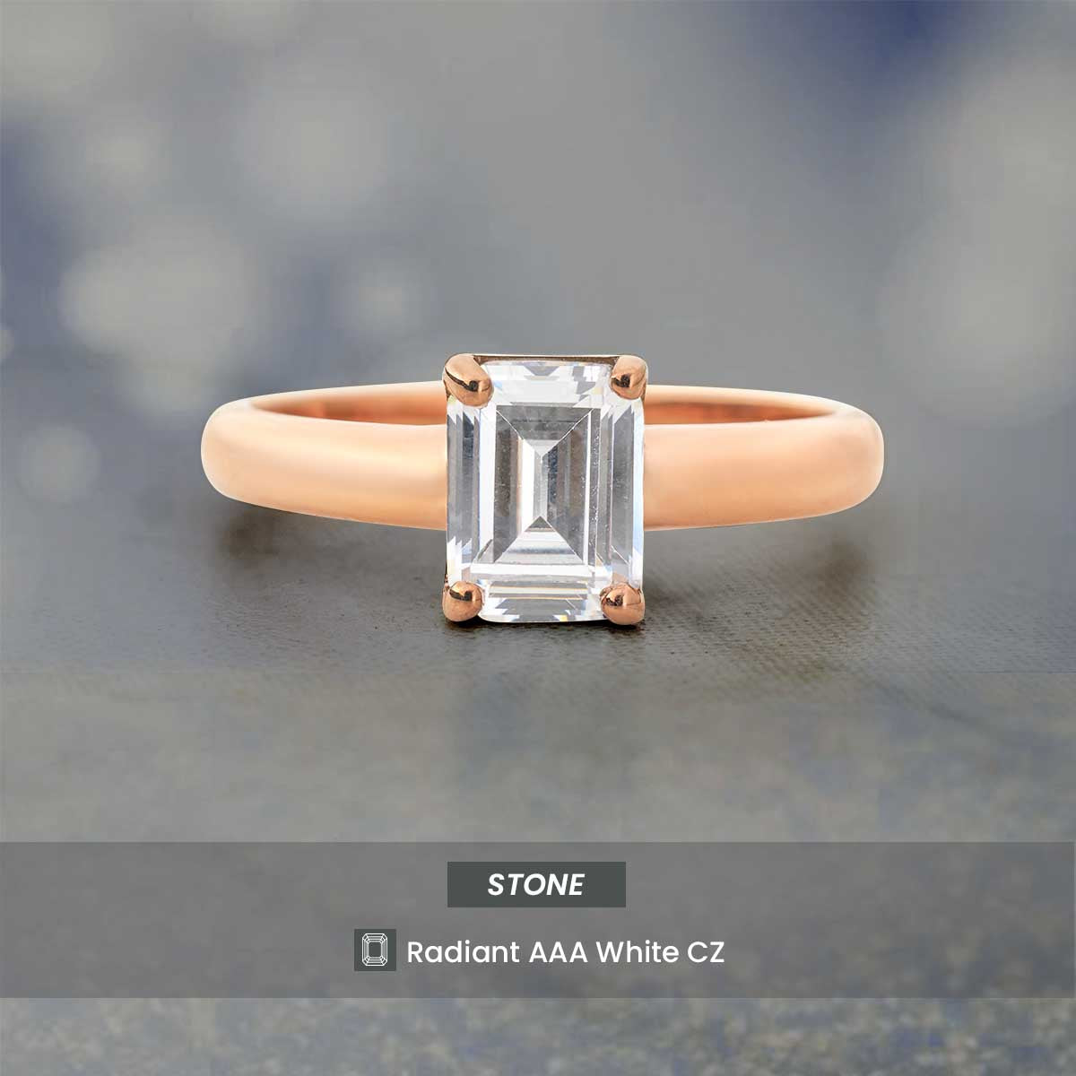 Solitaire Engagement Ring Rose Gold White Gold Radiant Cut CZ Diamond