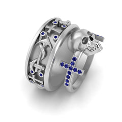 Skull Engagement Ring Anchor Band Set Silver Holy Cross Couple