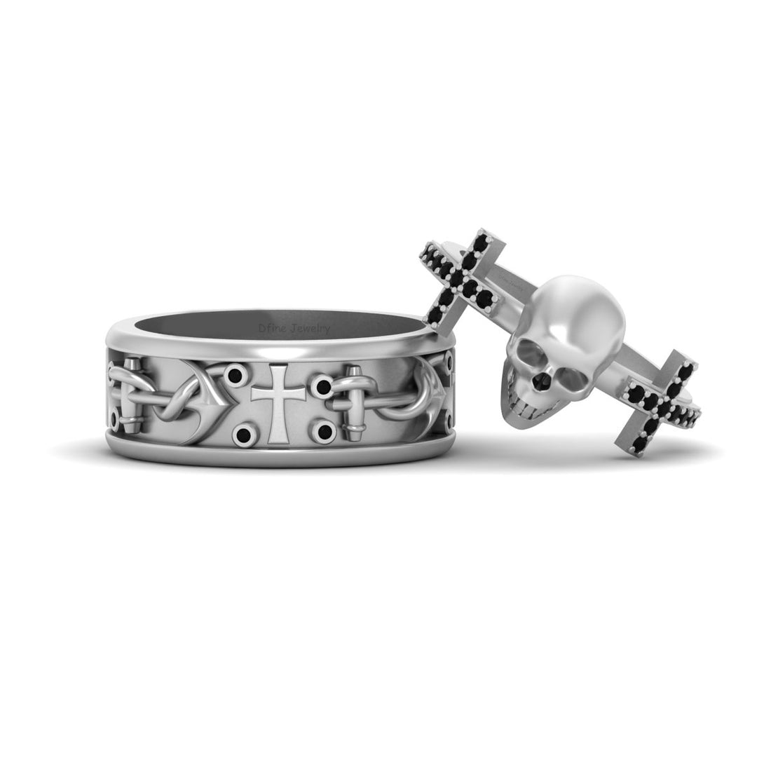 Anchor Cross Skull Wedding Ring Set
