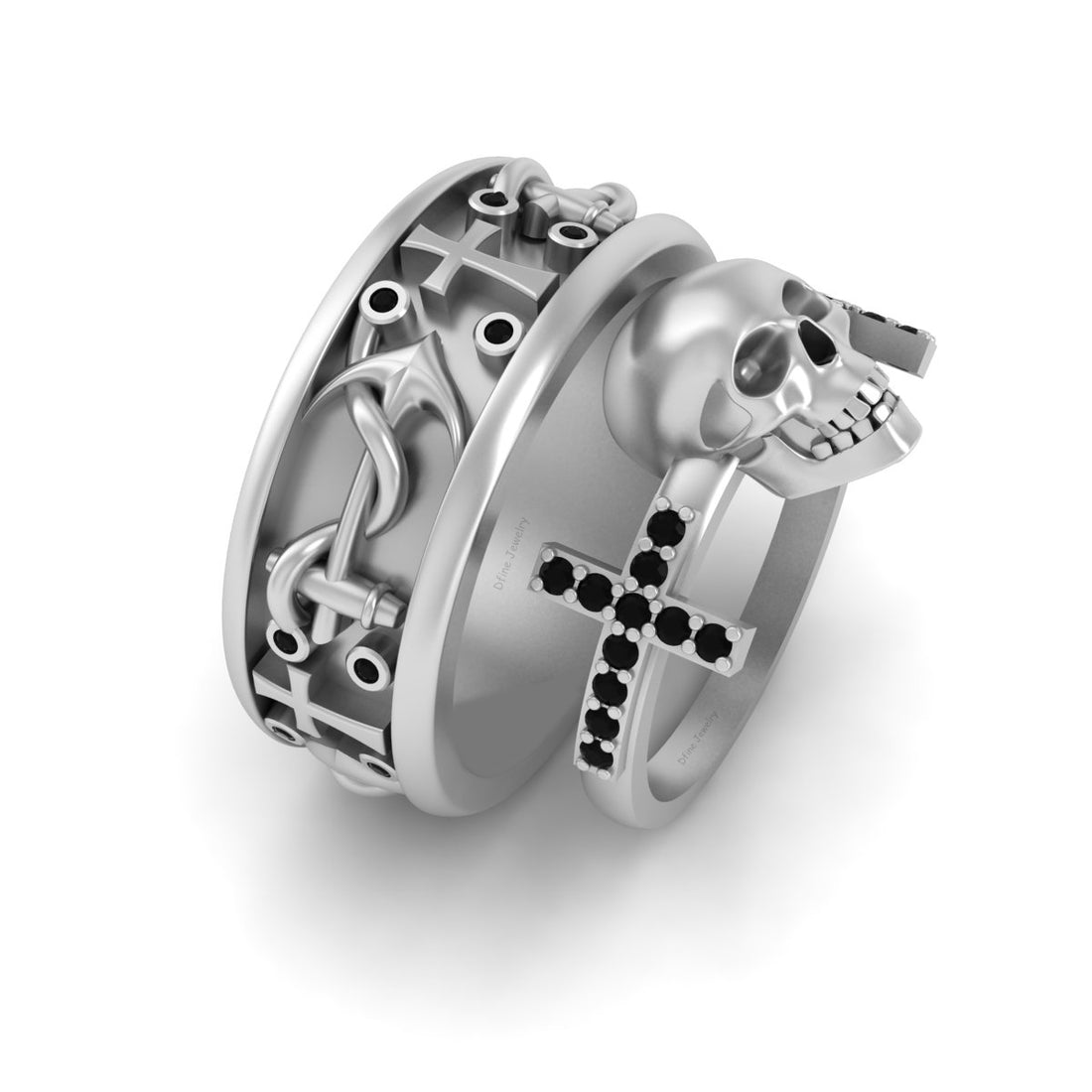 Anchor Cross Skull Wedding Ring Set