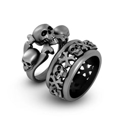 Skull and Crossbones Wedding Ring Set His Her Couple Gun Metal