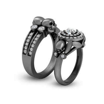 Halo Diamond Skull Wedding Rings