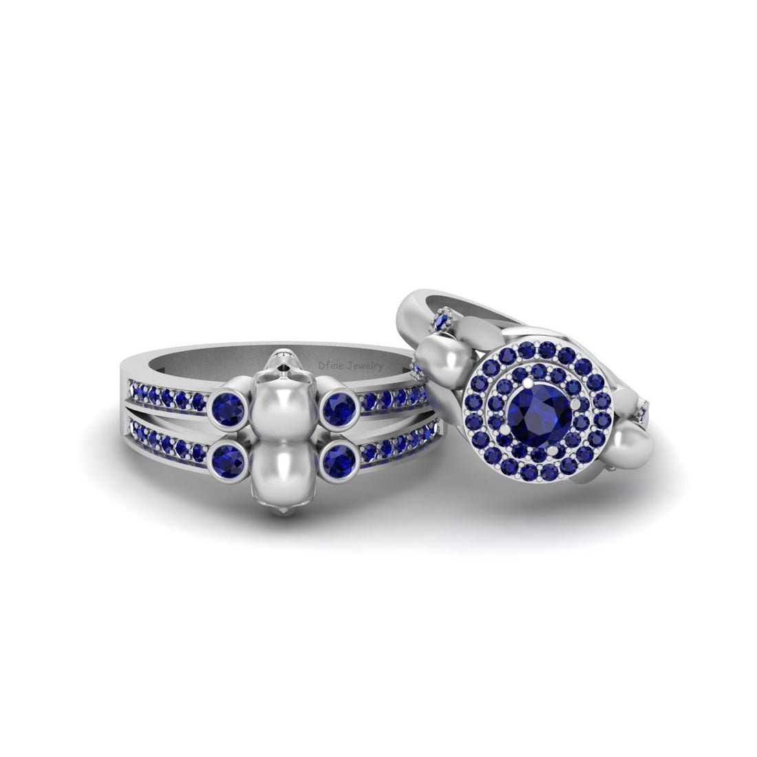 Halo Sapphire Skull Wedding Ring Set