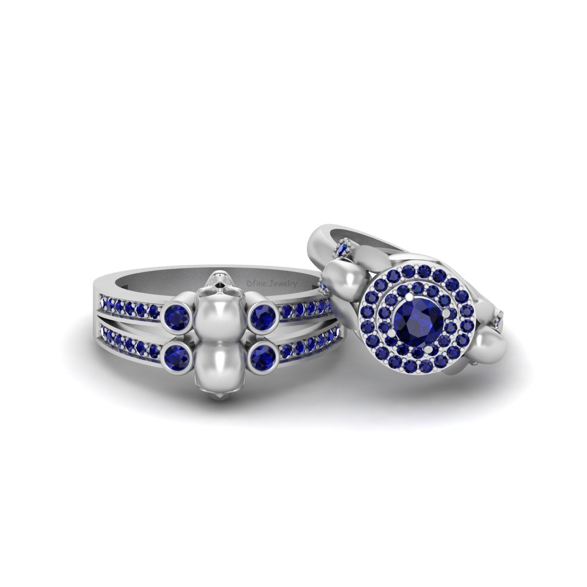 Halo Sapphire Skull Wedding Ring Set