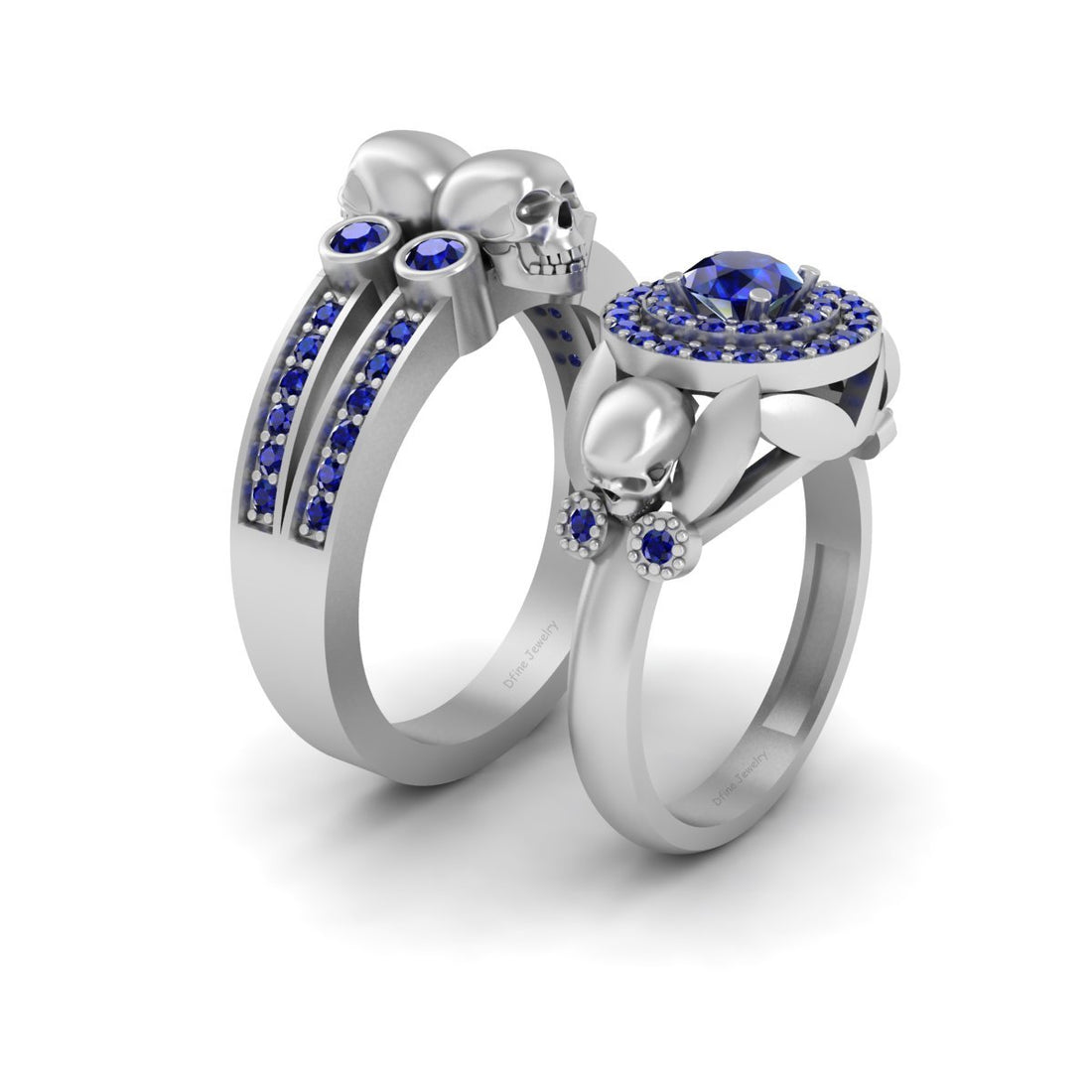 Halo Sapphire Skull Wedding Ring Set