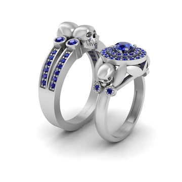 Halo Sapphire Skull Wedding Ring Set