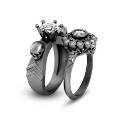 Octagon Diamond Skull Engagement Rings His and Her Gun Metal
