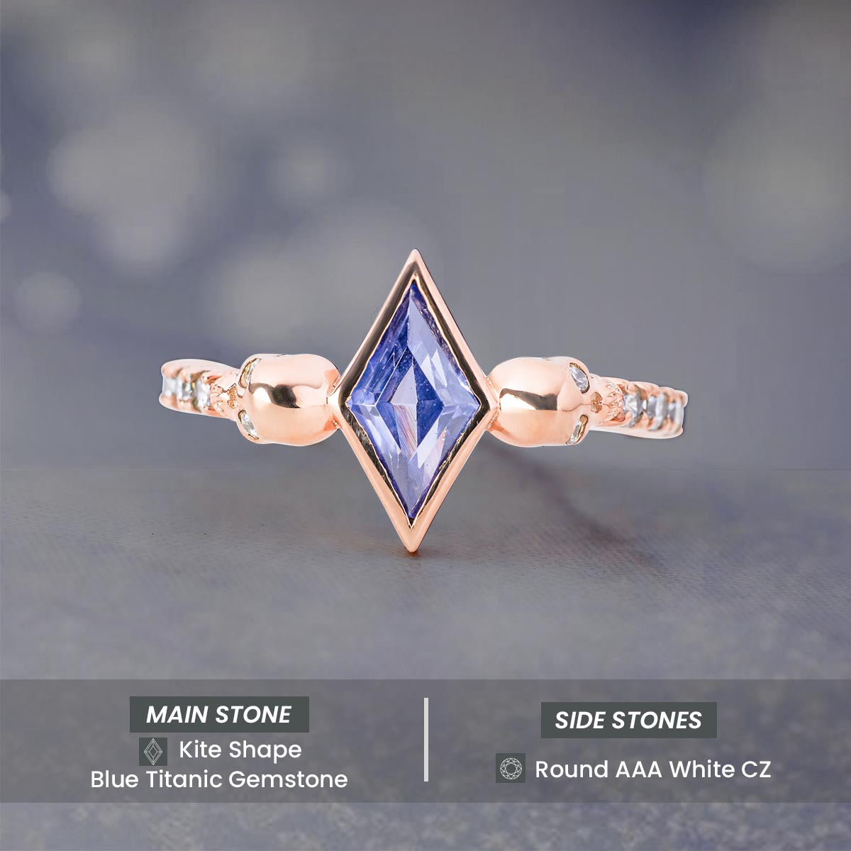 Skull Ring Kite Cut Titanic Blue Gemstone Gothic Engagement Rings Rose Gold