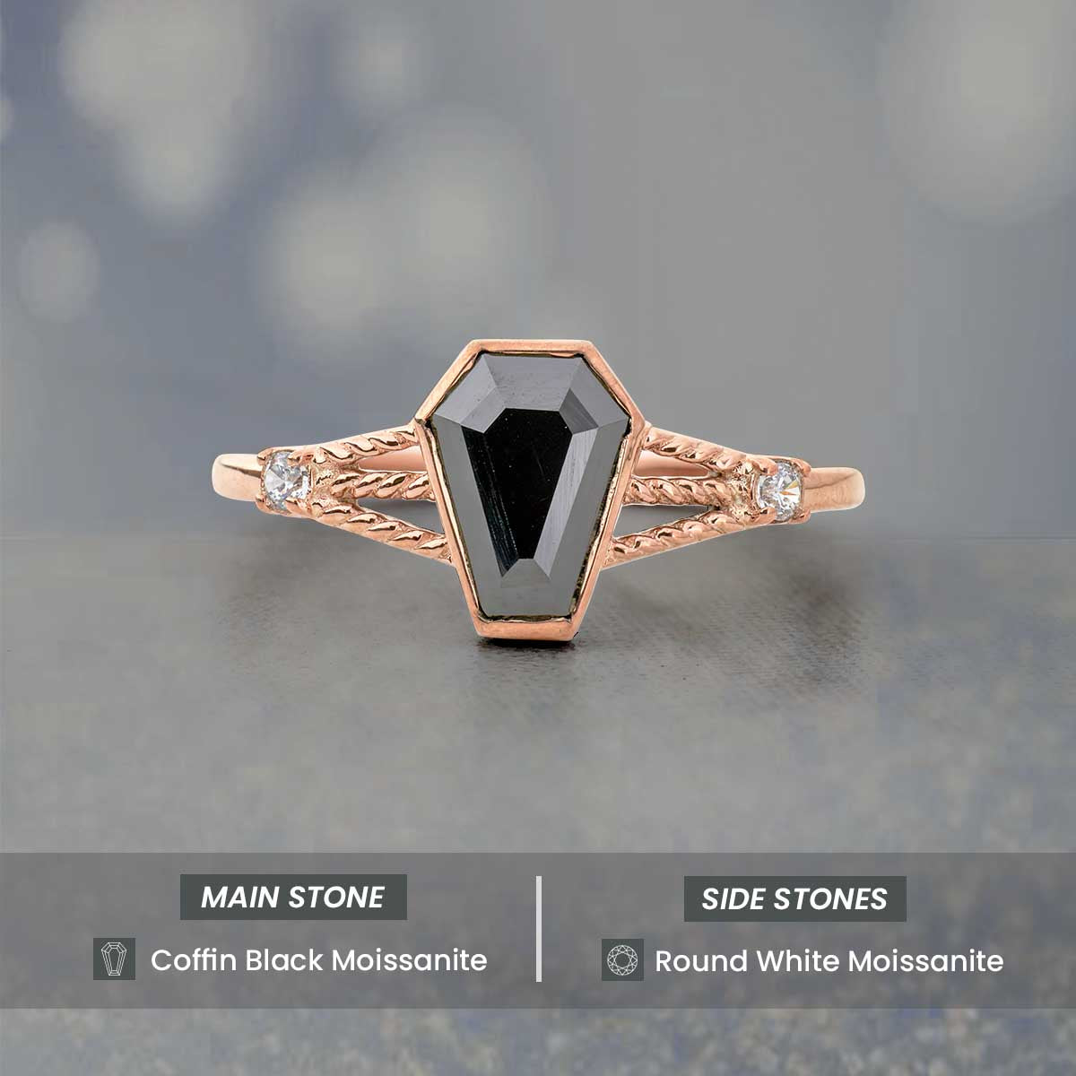 Black Spinel Coffin Ring Coffin Cut Gemstone Engagement Ring Rose gold Sterling Silver