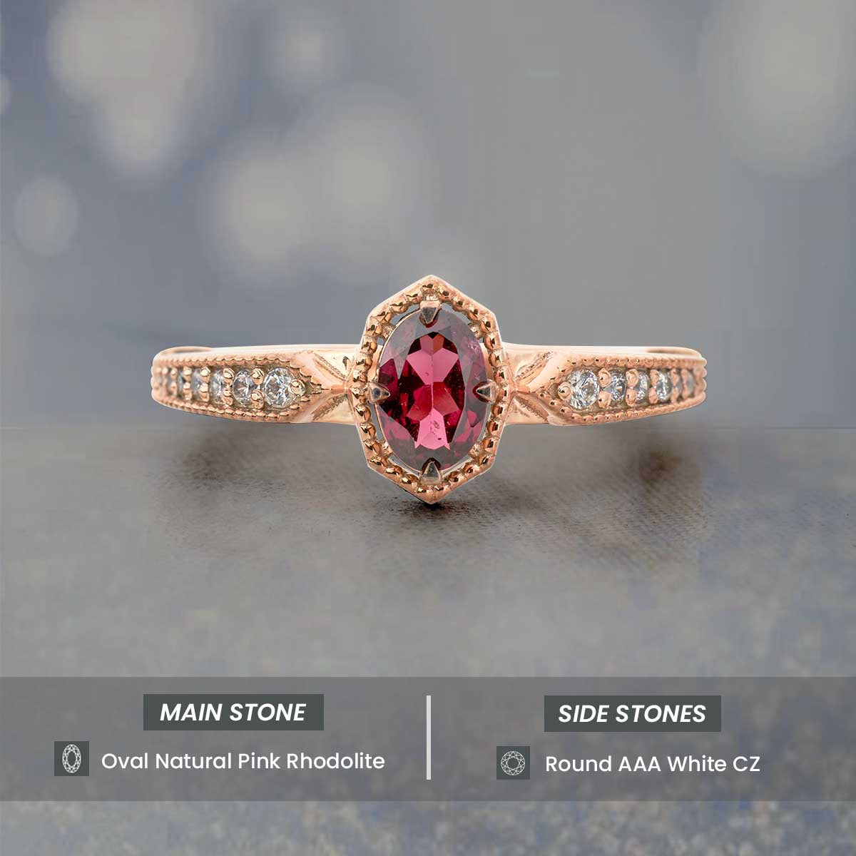 Oval Cut Natural Rhodolite Ring Art Deco Vintage Engagement Rings Rose Gold