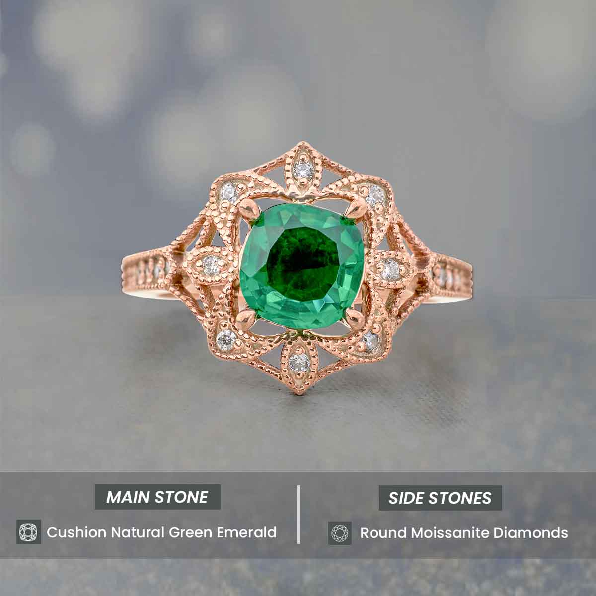Women's Vintage Engagement Rings Cushion Cut Green Emerald Milgrain Art Deco Rose Gold