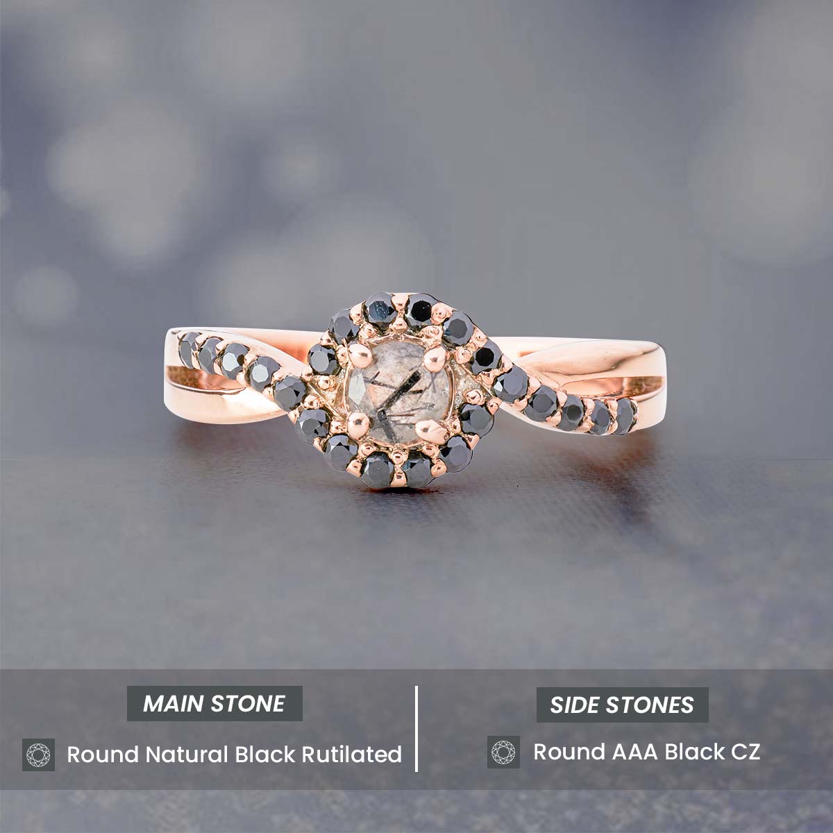 Natural Rutile Quartz Rutilated Quartz Black Gemstone Crossover Engagement Ring Rose Gold