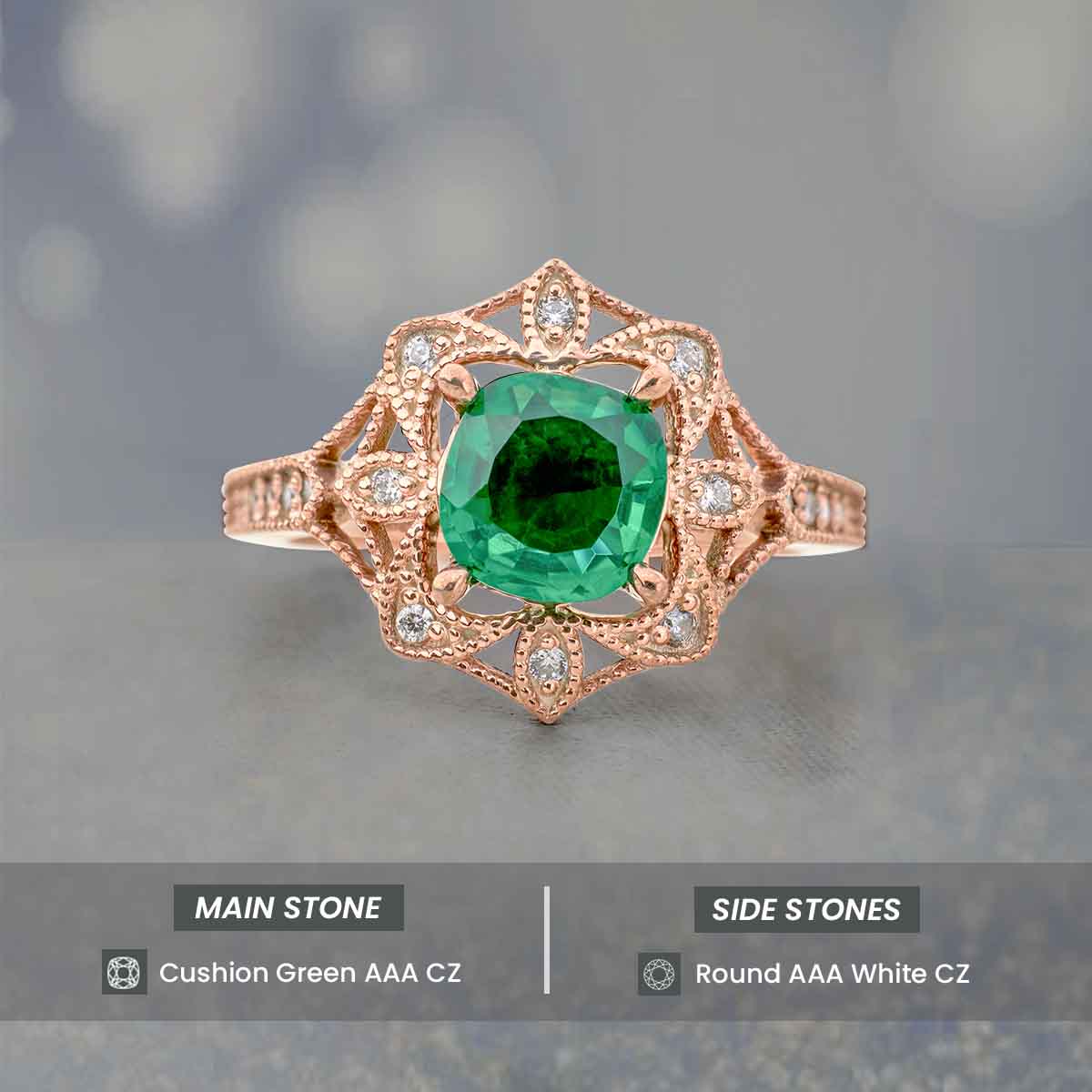 Women's Vintage Engagement Rings Cushion Cut Green Emerald