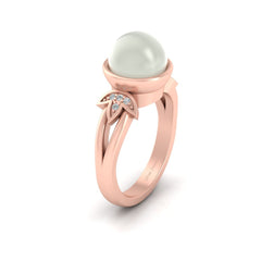 Diamond Leaf Engagement Ring Round Cut 9.0mm Cultured Pearl Ring