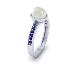 June Birthstone Pearl Ring Blue Diamond Accents Pearl Wedding Ring