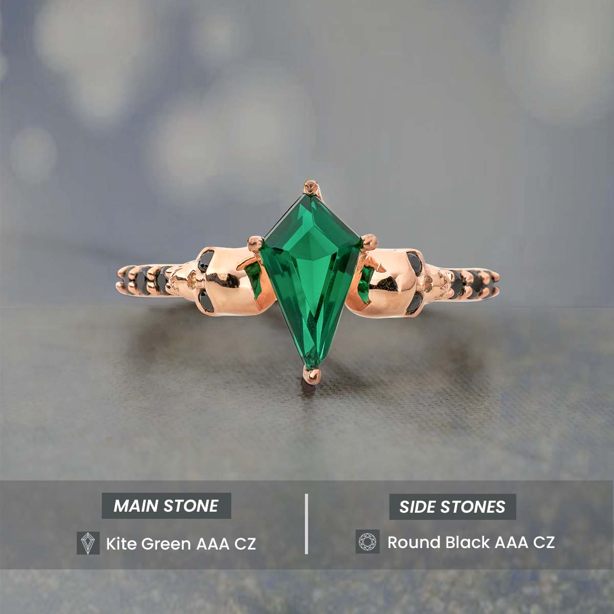 Kite Cut Green CZ Skull Ring Gothic Engagement Rings Rose Gold Sterling Silver