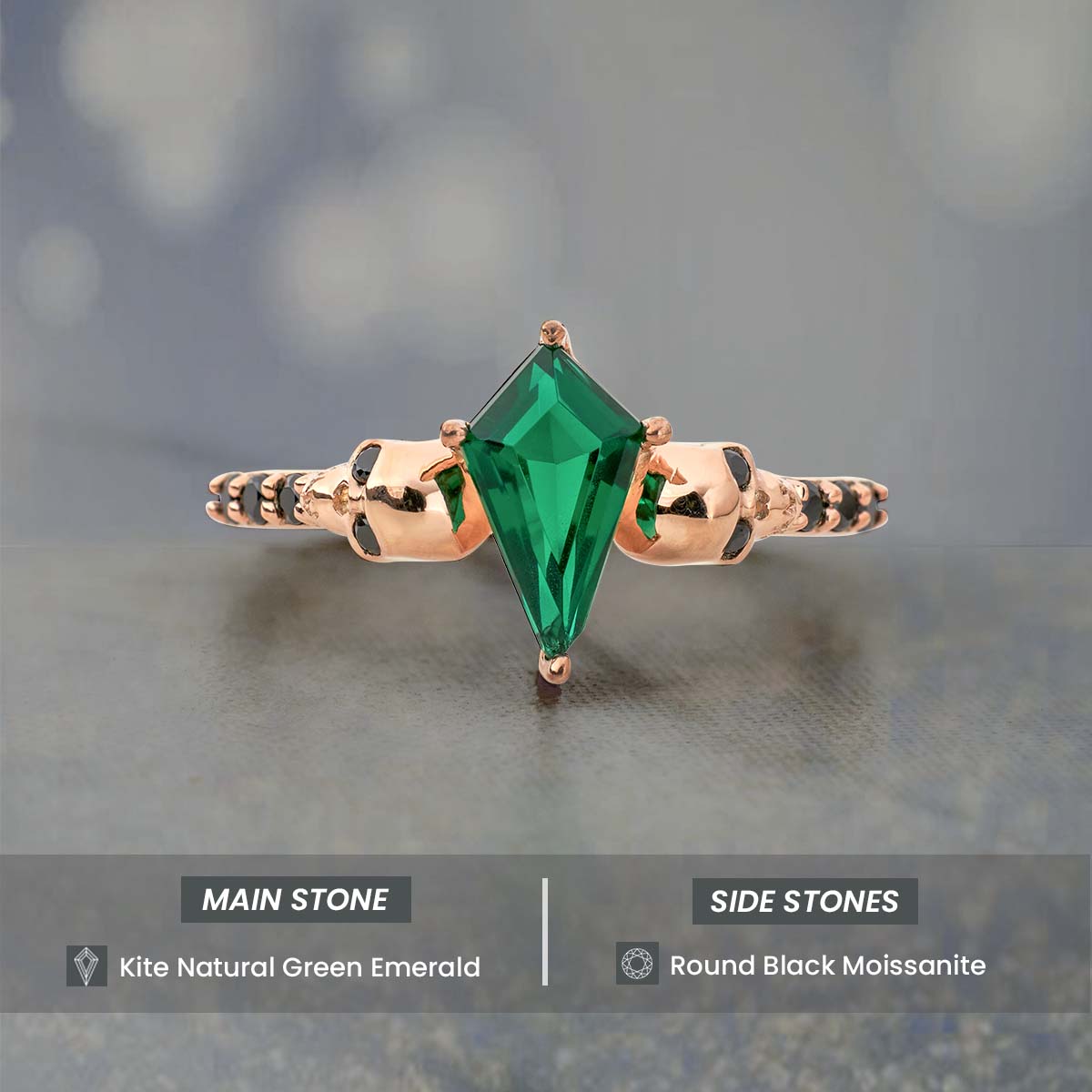 Kite Cut Green Natural Emerald Skull Ring Sterling Silver Rose Gold Gothic Engagement Wedding Rings